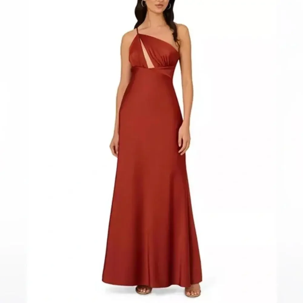 Liv Foster One Shoulder Gown Copper sz 4 Bridesmaid Satin Cinammon $450 Prom - Picture 2 of 5